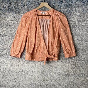 Madewell Blouse‎ Womens Small Orange White Star Print Tie Front Long Sleeve Top